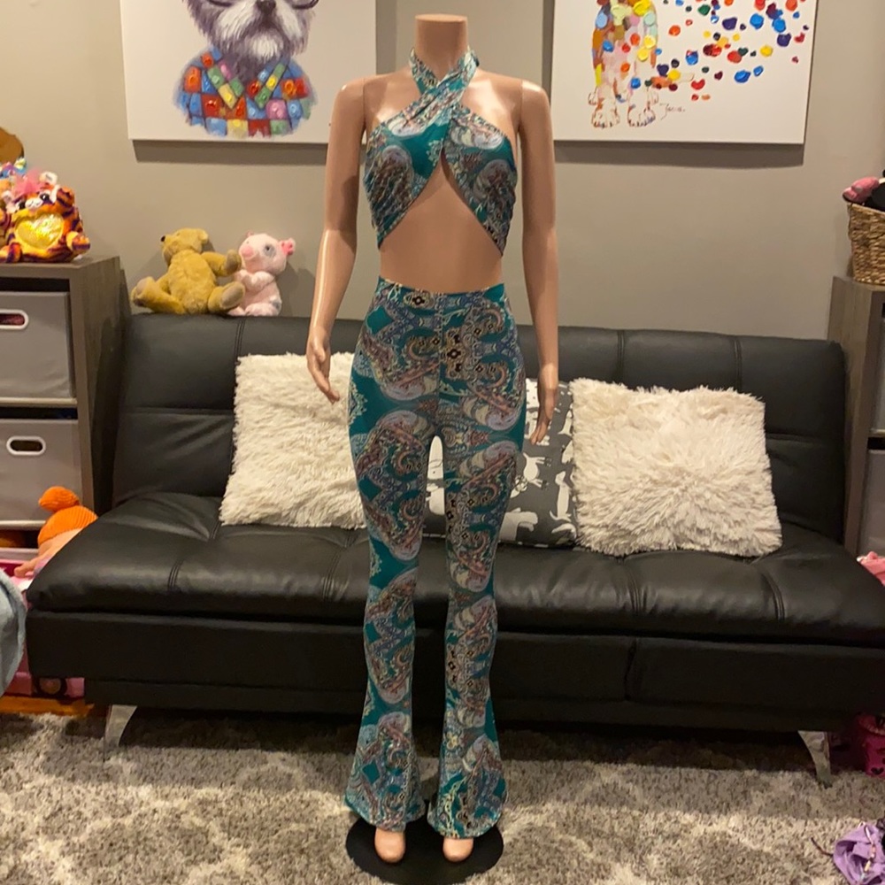 HoneyBum Put You On Green Bandana Paisley Flare Pant Set 2 Piece S NWT